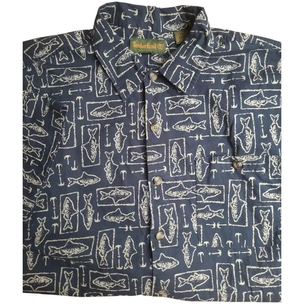 Vintage Timberland Fishing Print Button Up Shirt XL Blue Nautical Cotton